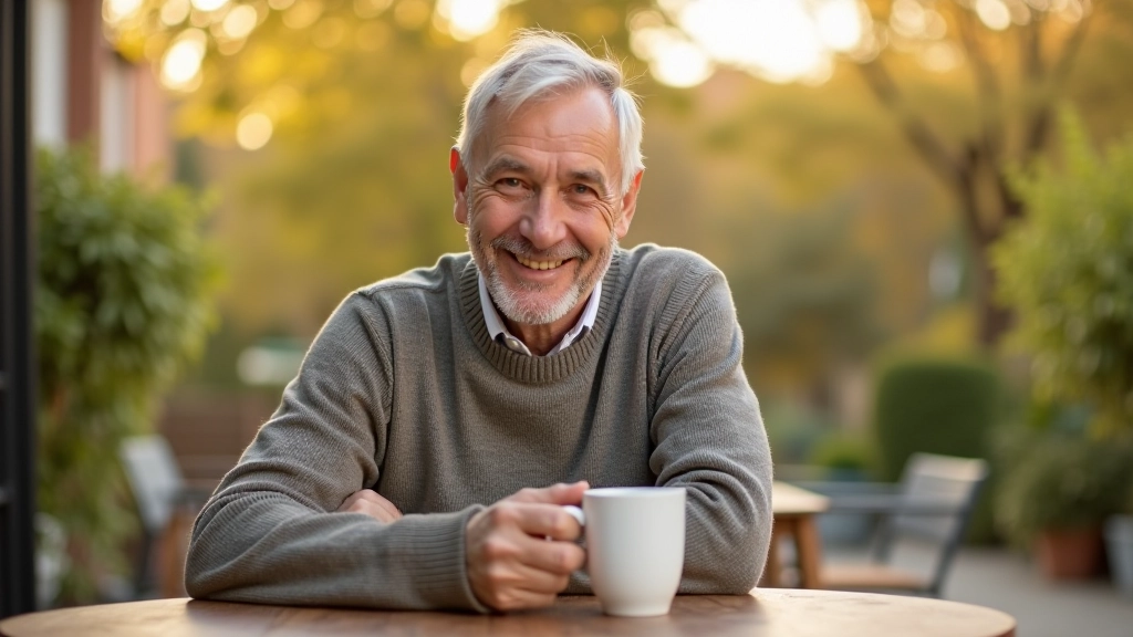 Pessoa com 50 anos tomando café da manhã num terraço luminoso, xícara na mão, sorriso relaxado, manhã ensolarada