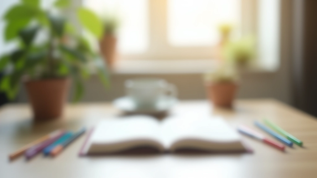 Mesa de trabalho organizada com caderno, canetas de cores diferentes, xícara de café, planta pequena, iluminação natural de janela, fundo desfocado minimalista
