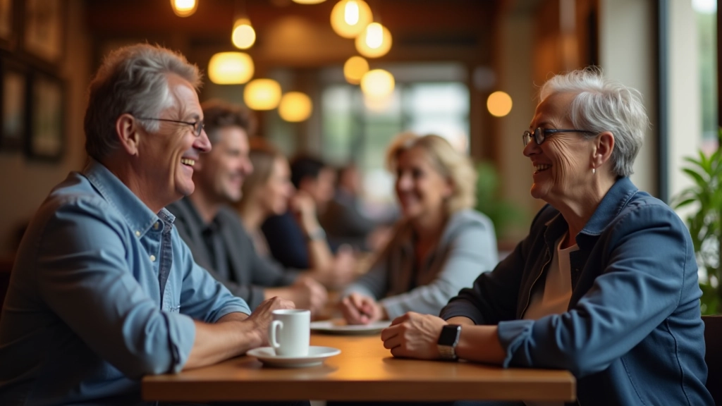 Grupo de amigos em café conversando e rindo juntos