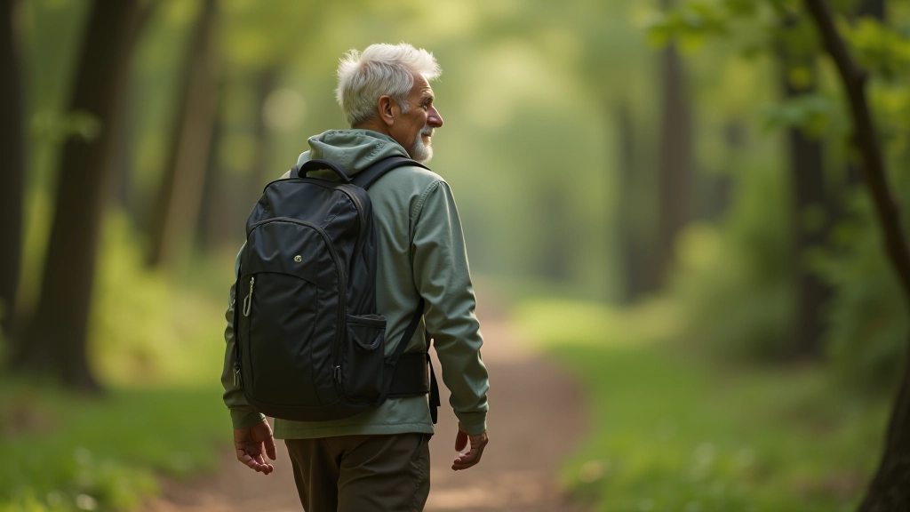 Pessoa sénior a desfrutar de tempo livre em ambiente natural, expressão de bem-estar e satisfação pessoal