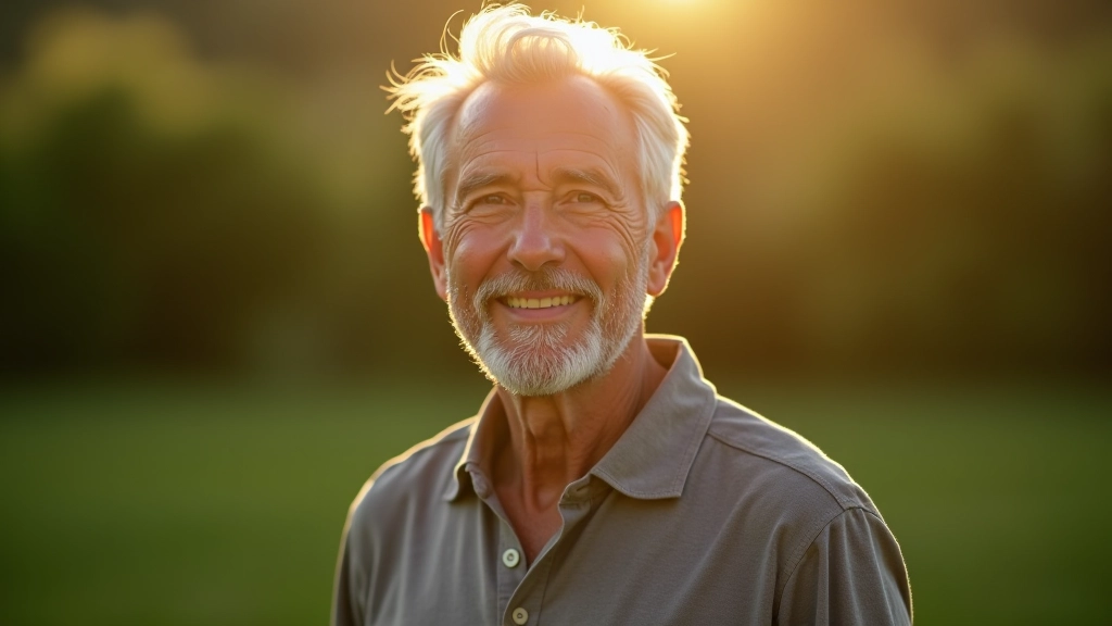 Profissional sénior de 58 anos em contexto casual, plano do busto, expressão de serenidade, roupa casual confortável, espaço exterior natural, luz natural suave, fundo desfocado