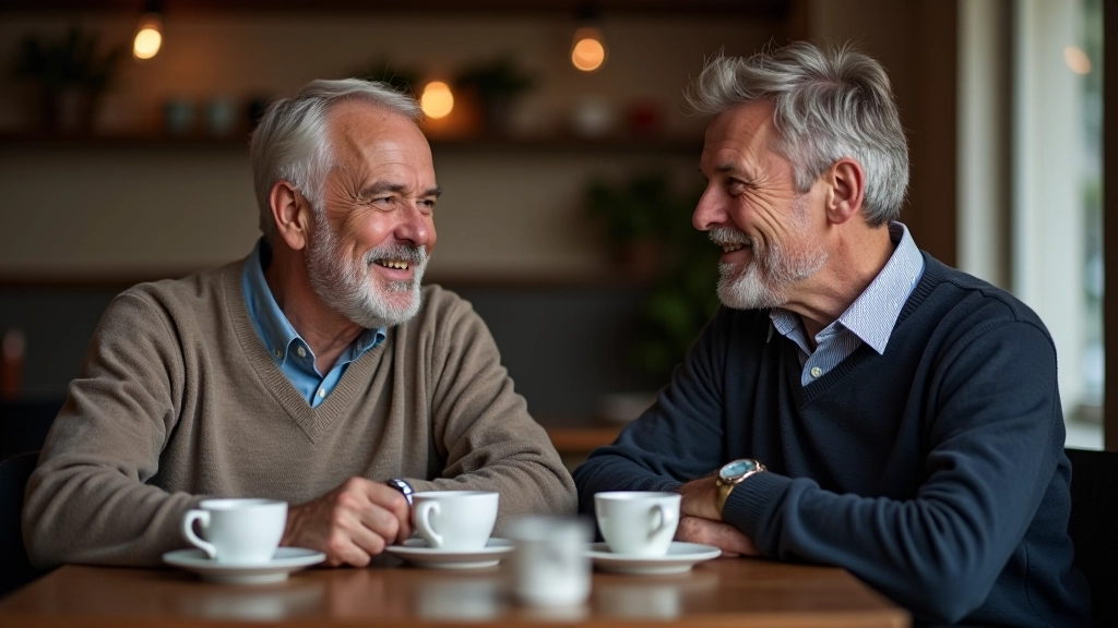 Dois amigos de meia-idade sentados à mesa conversando animadamente num café