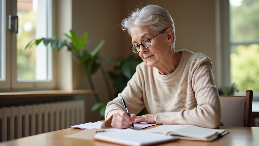 Mulher de meia-idade escrevendo notas num diário com caneta pousada na mesa de madeira