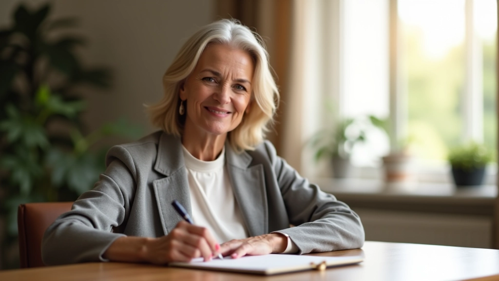 Pessoa com 55 anos na sua sala de estar, sentada confortavelmente com um caderno e caneta, olhando pela janela da manhã, luz natural morna